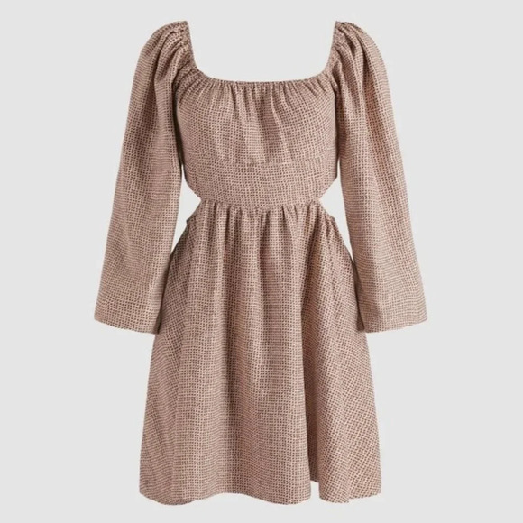 Cider Check Pattern Cut Out Long Sleeve Dress Cream Brown Sz XS - Picture 1 of 9